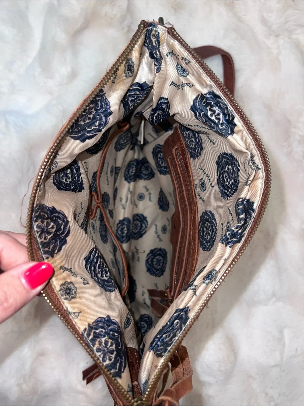 Lucky Brand Medium Brown Leather Patchwork Crossbody with Tassels